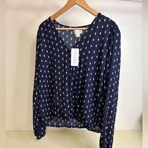 NWT Vixbe Woman’s Shear Faux Wrap Elastic Waist Blouse Navy XL (fits like a LG)